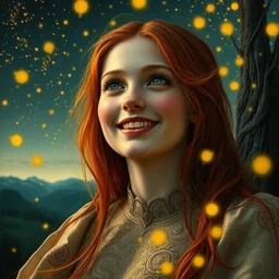infp young woman, smiling amazed, golden fireflies lights, fully covered with an intricate detailed dress, amidst wonderful landscape, long red hair, intricate linework, accurate green eyes, small nose with freckles, oval shape face, realistic, expressive emotions, dramatic lights, hyper realistic ultrafine art by artemisia gentileschi, caravaggio, jessica rossier, boris vallejo