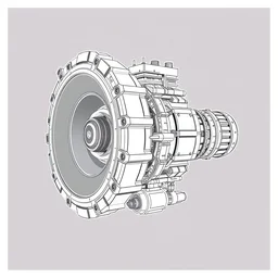 b & w technical drawing of a sci - fi plasma engine, side view, sharp detail, line art