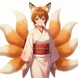 A beautiful anime-style digital painting of a beautiful young woman with fox ears and nine fox tails wearing a kimono, by Stanley Artgerm Lau, WLOP, Rossdraws, LeraPi, and Sakimichan, tranding on artstation, SFW version