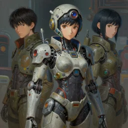 surreal gouache painting, by yoshitaka amano, by ruan jia, by conrad roset, by good smile company, detailed anime 3d render of a female mechanical android soldier, portrait, cgsociety, artstation, modular mechanical costume and headpiece, dieselpunk atmosphere