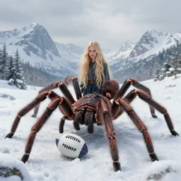 big large hairy spiders playing football on a snowing mountain, with one eccentric beautiful girl with long blond hair standing in the middle, dreamy, painting, 4 k