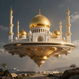 mosque floating spaceship by zaha hadid, gold dome fantasy world