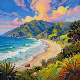 golden bay abel tasman new zealand in the style of psychedelic oil painting, digital art, high quality, highly detailed, high coherence,, concept art,  marterpiece