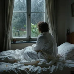 on a rainy day, someone in home sits in bed, curled up under the covers, watching the rain outside the window, cinematic, artstation, extremely detailed, intricate, cinematic lighting, art by pierre - auguste renoir, greg rutkowski