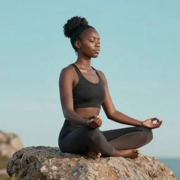 a beautiful african woman meditating on a rock, beautiful face, pretty face, trending on artstation, digital art,