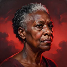 a painting of a elder woman by Kara Walker. details, smooth, sharp focus, illustration, realistic, cinematic, artstation, award winning, rgb , unreal engine, octane render, cinematic light, macro, depth of field, blur, red light and clouds from the back, highly detailed epic cinematic concept art CG render made in Maya, Blender and Photoshop, octane render, excellent composition, dynamic dramatic cinematic lighting, aesthetic, very inspirational, arthouse.