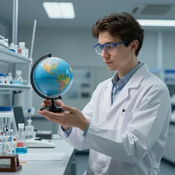 a laboratory, a scientist is holding a tiny globe, digital art, greg rutkowski, artstation