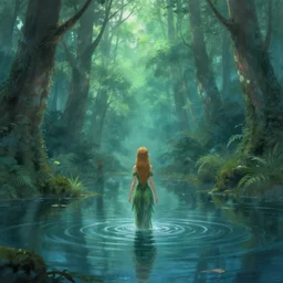 forest nymph rising from the water. view from behind, wide angle view, back view. nuri iyem, james gurney, james jean, greg rutkowski, anato finnstark. trending on artstation. enchanted dreams