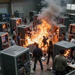 realistic, diverse groups of humans destroying the supercomputers, smashed, fire, smoke, from behind, wide angle, elaborate, highly detailed, beautiful lighting