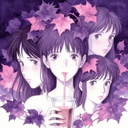portrait, nightmare anomalies, leaves with milktea by miyazaki, violet and pink and white palette, illustration, kenneth blom, mental alchemy, james jean, pablo amaringo, naudline pierre, contemporary art, hyper detailed