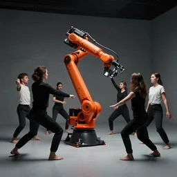 photo of contemporary dancers, dancing around an orange kuka servo robot, in uy studio clothing, inside berghain berlin, lowlight, photorealistic, 8 k
