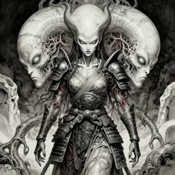 naraka buddhist demon korean female, yokai angry female alien, epic samurai warrrior, tubular creature, blood vessels, no face, dystopian surrealism, alex ries zdzisław beksinski, symmetrical long head, smooth marble surfaces, smooth marble surfaces, detailed ink illustration, detailed ink illustration, raiden metal gear, cinematic smooth stone, deep aesthetic