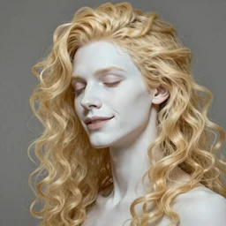 A pregnant blond androgynous man with closed eyes smiling, very detailed sharp angular pale white masculine face, (12x) extremely pale white skin, hooked nose and square jaw long fluffy curly blond hair, light blond hair, gorgeous, beautiful, intricate, highly detailed, digital painting, artstation, concept art, sharp focus, illustration, art by greg rutkowski and alphonse mucha