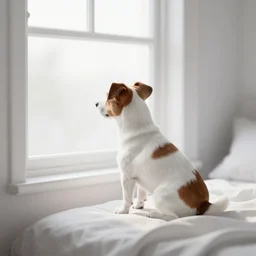 photography of a Jack Russel . watching outside the window. on a bed .in a 3d rendered white room. octane render, 3d, foggy, volumetric light, volumetric fog, photorealistic, unreal engine 5, award winning photo, 100mm, sharp, cloth, high res