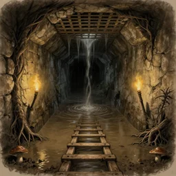 a wooden ladder leads out of waist - deep flooded sewer tunnels. fantasy art, underground, stream, crumbling masonry, darkness, sewage falling from grates, abandoned spaces, torchlight. sketch art. roots, mud, mushrooms, d & d.