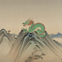 japanese traditional painting of a japanese dragon resting on top of a mountain range
