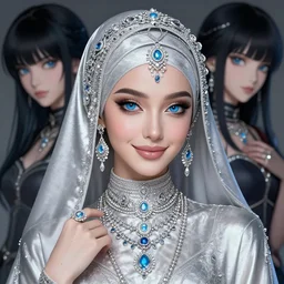 a بعمم لاخيغ beautiful woman rهm amari wearing a hijab made of silver with jewelry and diamonds by karol bak, ayami kojima, artgerm, sakimichan, arabian beauty, blue eyes, smile, concept art, fantasy