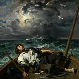 close of man on a boat who is amazed by the beauty of a huge storm in the middle of the sea that is about to absorb him and end his life, painting by gustave courbet, high detail, claude joseph vernet, rembrandt, museum painting, masterpiece