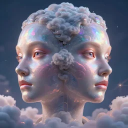 symmetry!!! face only photographic portrait of a cybernetic person made of iridescent clouds