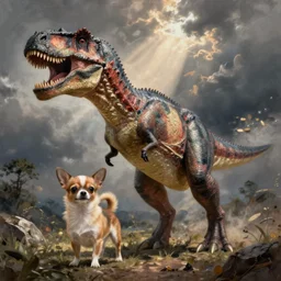 concept art painting of a tyrannosaurus chihuahua, by james gurney and greg rutkowski