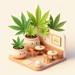 isometric cute cartoon illustration style cafe australian, decorated with only cute detailed cannabis leaves in two ceramic pots, tables, utopian simple frontage, 2 cute characters, cute poster, beautiful composition pastel palette by will barnet, digital art, hyperrealistic soft, inked digital, render fun cartoon