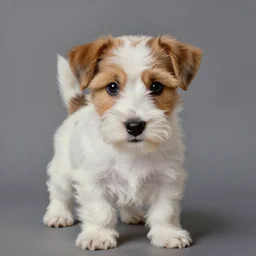 a very cute wire haired jack russell terrier puppy, white with brown patches over both eyes. detailed, high quality painting by artgerm and greg rutkowski and ilya kuvshinov