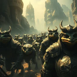 marching army of demon frogs, ancient lands, intricate details, detailed face, detailed armour, artstation, epic scenery, ambient light, cinematic, by marco bucci