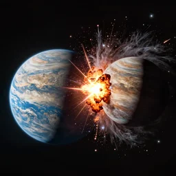 a realistic image of two planets collide, explosions, 4K