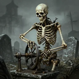 steampunk skeleton, undead, cranks, imperfections, high fantasy, chiaroscuro, graveyard background, smooth, sharp focus, highly detailed, digital illustration, by rossdraws, ralph horsley