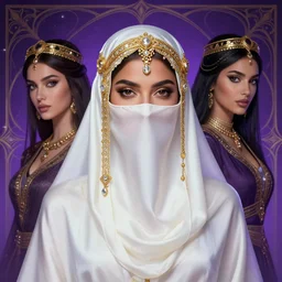 a beautiful woman wearing a white niqab made of silk with golden jewelry and diamonds by alex gray and android jones, ornate purple background, karol bak, ayami kojima, arabian, concept art, fantasy,
