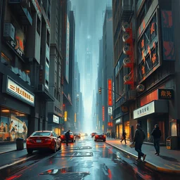 a photograph of a futuristic street scene, brutalist, highly detailed oil painting, impasto brush strokes, soft light, 8 k, dramatic composition, dramatic lighting, sharp focus, octane render, masterpiece, by adrian ghenie and jenny saville and zhang jingna
