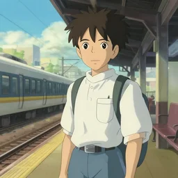 anime boy at a train station in the style of hayato miyazaki