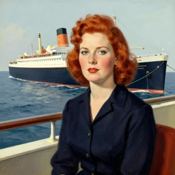 a portrait made by norman rockwell!! of a red head woman! on an ocean liner!!!