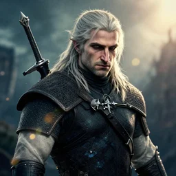 solarpunk geralt in the witcher 3, splash art, movie still, detailed face, cinematic lighting, ray tracing, octane render, long lens, shallow depth of field, bokeh, anamorphic lens flare, 8 k, hyper detailed, 3 5 mm film grain