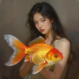 a painting of a woman holding a big gold fish, a digital painting by lu ji, featured on artstation, fantasy art, detailed painting, artstation hd, behance hd