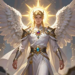 beautiful holy cleric with sunray halo, white eagle wings, attarctive pretty man, anime key visual, highly detailed, sharp focus, concept art, league of legends, style by shumolly and monable and artgerm and greg rutkowski and jo chen and pilyeon and ruan jia and zeronis