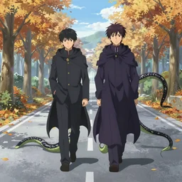 an anime art piece by yuji ikehata and satoshi kon, of snake character wearing a long bat cloak with two tentacles in place of arms, they are walking along a cold autumn road mid day