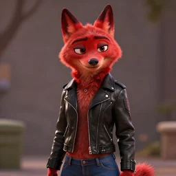upper body portrait, a red 🟥 anthropomorphic female wolf 🐺, wearing a black ⬛ leather jacket and denim pants, detailed, unreal engine 5, cinema 4 d cinematic, artstation, in the style of zootopia