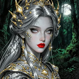glowing silver and golden elements, full close-up portrait, dark witch from freepik, book cover, green forest, white moon, red lips, establishing shot, extremly high detail, photo-realistic, cinematic lighting, pen and ink, intricate line drawings, by Yoshitaka Amano, Ruan Jia, Kentaro Miura, Artgerm, post processed, concept art, artstation, matte painting, style by eddie mendoza, raphael lacoste, alex ross