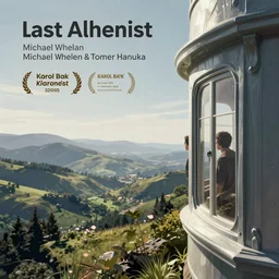 poster artwork by Michael Whelan and Tomer Hanuka, Karol Bak of the last alchemist looks out his window at the stars, from scene from Twin Peaks, clean, simple illustration, nostalgic, domestic, full of details
