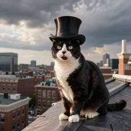 Tuxedo Cat in a top hat on a rooftop in Philadelphia