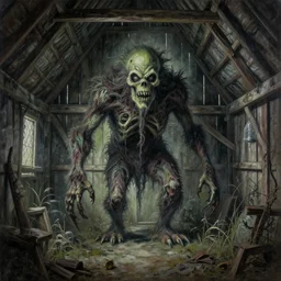 michal karcz grunge painting of the eerie view of the inside of a barn, monster and horror theme. monster theme, detailed, elegant, intricate, 4 k,