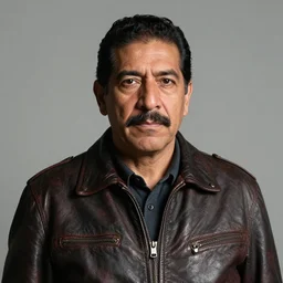 front medium portrait of a middle - aged mexican man, moustache, wearing a leather jacket, blank background, rembrandt lighting, detailed, by kehinde wiley, kadir nelson, andrew wyeth