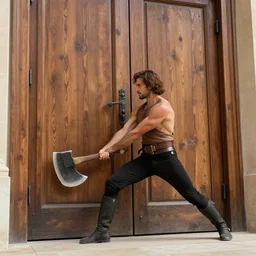 warrior braking through huge wooden door with an axe, style of moebius, james jean, mcbess, cinematic, highly detailed, award winning, 8 k photorealistic