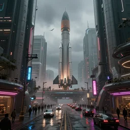 a futuristic colony, blade runner 2 0 4 9 city architecture, spacex starship rocket launch site, environmental lighting, stromy weather, ray tracing, people walking in street, amazing view, futuristic, highly detailed, heavy traffic, neon shops, octane render, unreal engine 5, 4 k