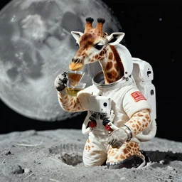 a giraffe dressed like an astronaut drinking tea on the moon, 3 5 mm photography