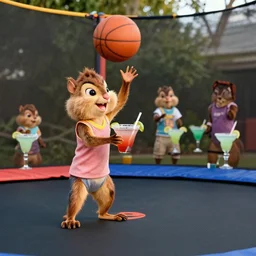 alvin and the chipmunks on a trampoline playing basketball while drinking margaritas, 4 k, getty images