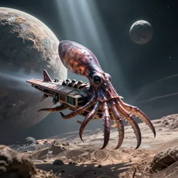 a spiky imperial squid space ship travelling near a barren planet by Marek Okon, god rays, fantasy art, 4k, HDR, photorealistic, 8k, trending on artstation