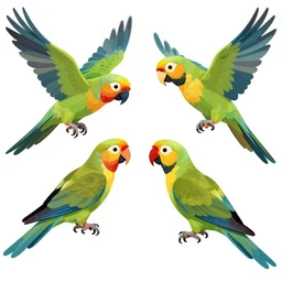 parrots playing with one another wide angle shot, white background, vector art, illustration by frank frazetta