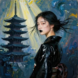 filmstill, over the shoulder, upper body, photography of asian girl model looking to camera, black lips, black ribbons in the wind, latex kimono, black pagoda, sad mood, god rays, volumetric light, lightbeams, art noveau style, neobrutalistic, liquid acrylic paint fluid, painted by monet and kandinski, photography, hypperrealistic, beautiful details, smooth illustration